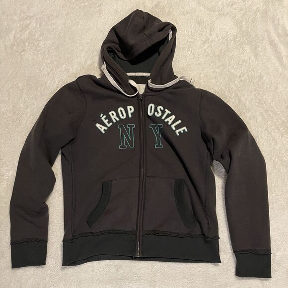 Aeropostale Y2K Womens Hoodie Sweatshirt Grunge Full Zip NY Fleece Gray XL - Picture 1 of 12